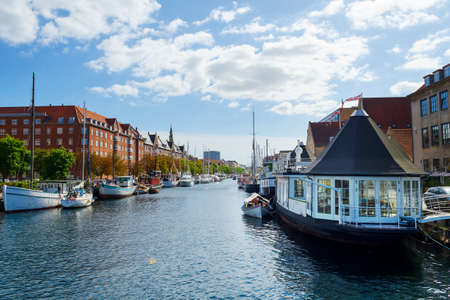 Copenhagen, Denmark - July 9, 2018. Beautiful yachts and ships on the canal. Water transport. Architecture. City landscape travelsのeditorial素材
