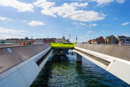 Copenhagen, Denmark - July 9, 2018. A beautiful pedestrianized bicycle bridge in Copenhagen. Transpot. Infrastructure Architectureのeditorial素材