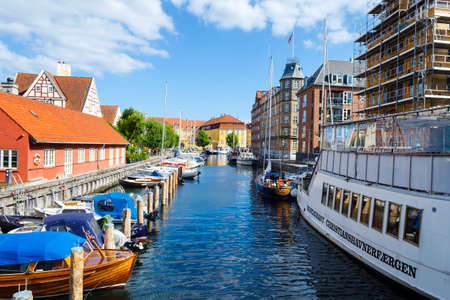 Copenhagen, Denmark - July 9, 2018. Beautiful yachts and ships on the canal. Water transport. Architecture. City landscape travelsのeditorial素材