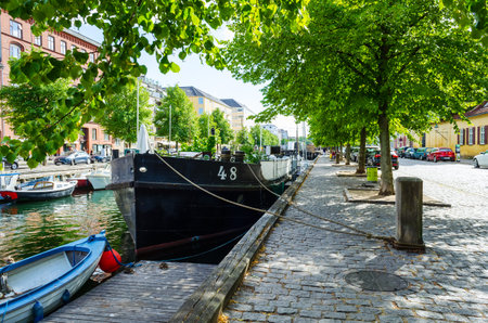 Copenhagen, Denmark - July 9, 2018. Beautiful ships on the canal. Water transport. Architecture City landscape Travelsのeditorial素材