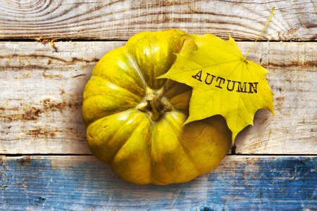 Pumpkin and yellow leaf with the inscription Autumn on a wooden background. Copy space. Autumn background.の写真素材