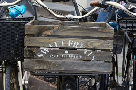 Copenhagen, Denmark - July 7, 2018. Wooden box on the trunk of the bicycle. Bycycross. Close-upのeditorial素材