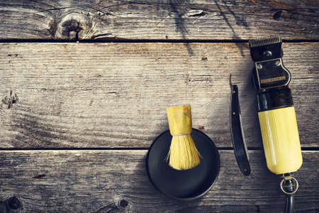 Concept Barber Shop. Set of hairdressing tools on a wooden background. Copy space Beauty. Fashionの写真素材