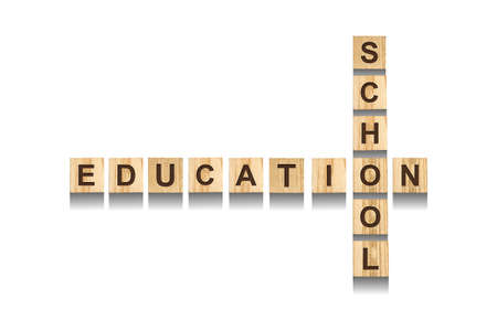 Education. School. Words on wooden blocks. Isolated on a white background. Education concept. Background.の写真素材