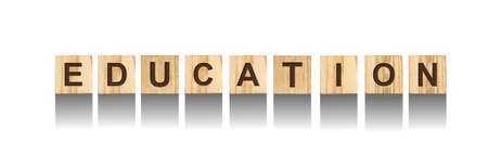 Education. Words on wooden blocks, Isolated on a white background. Education concept. Background.の写真素材