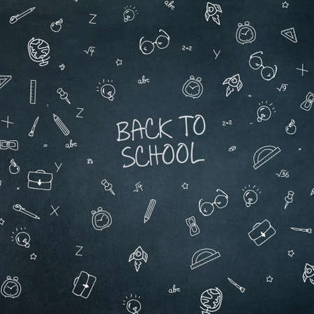 Hand-drawn school supplies on the school board. Back to school, lettering. Square orientation. School background. Education background. Background.の写真素材