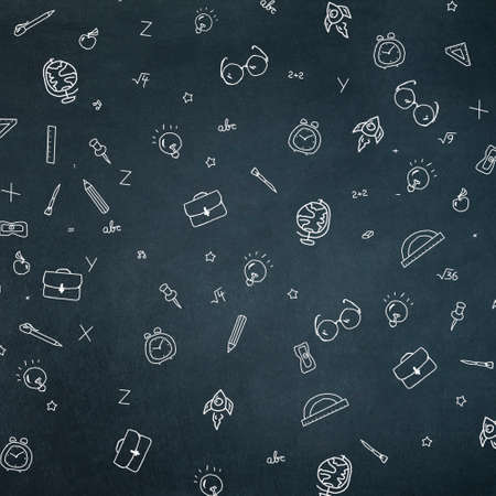 Hand-drawn school supplies on the school board. Square orientation. School background. Education background. Background.の写真素材