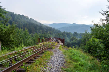 Railway bridge in the mountains. Close-up. Carpathians. Ukraine. Transport Travelsの写真素材