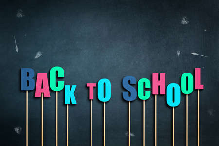 Back to school. Multicolored letters on sticks, on the background of the school board. Copy space. School background. Education background. Background.の写真素材