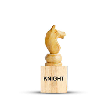 White Chess Horse, on a wooden block. Isolated on a white background. Side view. The game. Training. Education. Design element.の写真素材