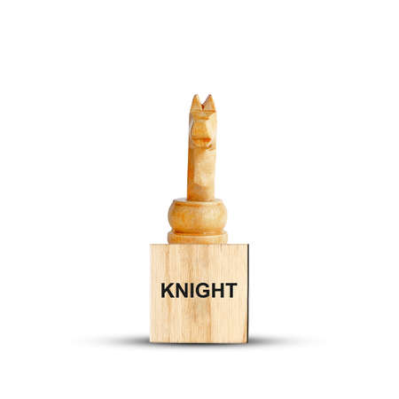 White Chess Horse, on a wooden block. Isolated on a white background. The game. Training. Education. Design element.の写真素材