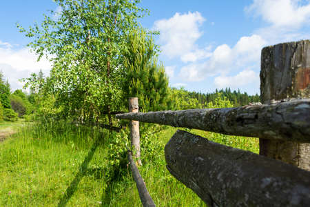 Wooden fence made of logs. The mountains. Carpathians. Ukraine. Close-up Natureの写真素材