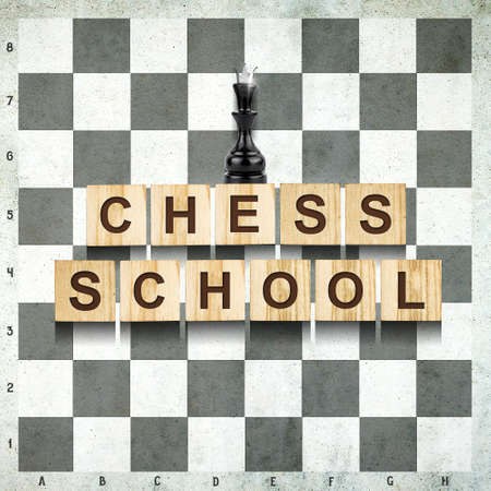 Chess School. Words on wooden blocks, against the background of a chessboard. Black queen. Sport. Chess. Background. Education. Sports background.の写真素材