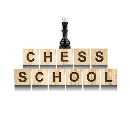 Chess School. Words on wooden blocks isolated on white background. Black queen. Sport. Chess. Background. Education. Sports background.の写真素材