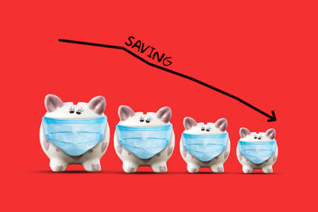 Piggy bank in a medical mask. Decrease from large to small on a red background. Quarantine....