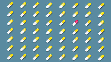 One red pill and many yellow on a gray background. Medical background. Health. Tablets.の写真素材