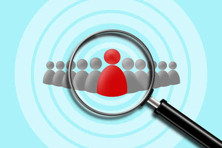 Search for employees. Red and gray human icons on a blue background. View through a magnifying...