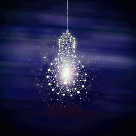 Light bulb from the network mesh, glowing on a dark blue background. Copy space. The concept of new ideas, technologies. Innovation and imagination.の写真素材