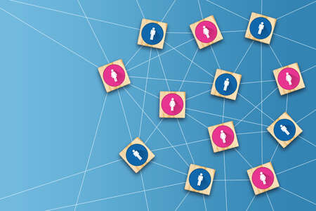 Social media concept. Human icons on wooden blocks are connected by lines of the Internet grid. Copy...