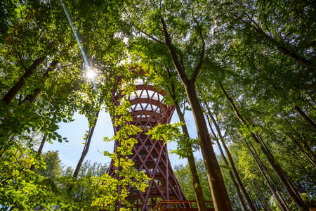 Ronnede. Denmark. July 27th. 2019 Camp Adventure Tower. Observation tower in the forest. View from below. Sightseeing. Travel. Tourism Architectureのeditorial素材