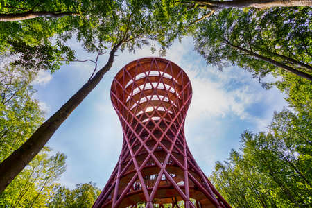 Ronnede. Denmark. July 27th. 2019 Camp Adventure Tower. Observation tower in the forest. View from below. Sightseeing. Travel. Tourism Architectureのeditorial素材