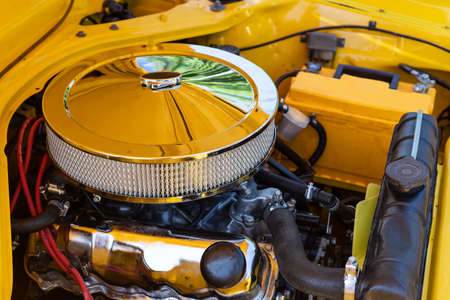 Beautiful chrome car motor air filter. Close-up. Details. Motor transport.