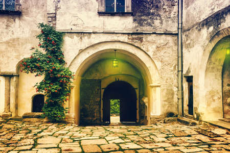 Olesko. Ukraine. July 14, 2019. Old beautiful castle gate with street lamps. Ukraine. Olesky castle Architecture Detailsのeditorial素材