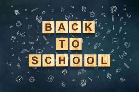 Concept Back to school. The inscription on wooden blocks against the background of various school supplies, hand-drawn. Background. Education.の写真素材