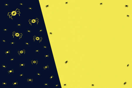 Happy halloween, background. A lot of little spiders on a yellow background. Copy space. Holiday background. Background.の写真素材