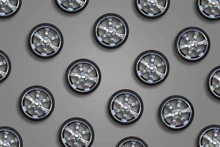 Car wheels on a gray background. Transport. Spare parts. Sale, repair of auto wheels.の写真素材