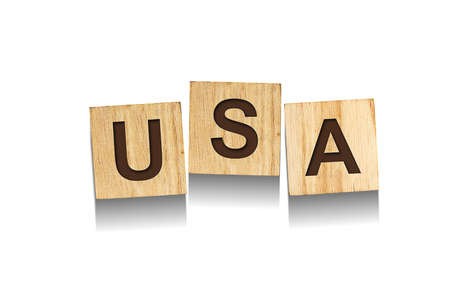 USA, word on wooden blocks. Isolated on a white background. Signs and Symbols.の写真素材