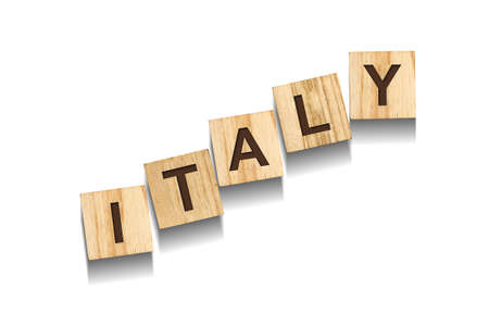 Italy, word on wooden blocks. Isolated on a white background. Signs and Symbols.の写真素材
