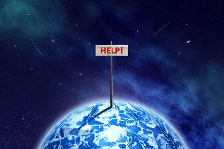 Frozen Planet in the cosmic sky with a wooden sign. Help. 3D illustration. Abstract concept of...