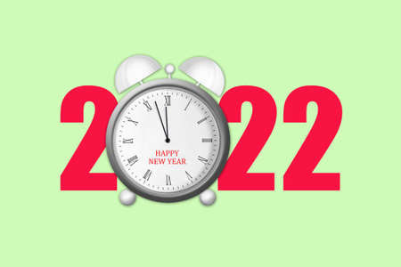 New Year background. 2022. Alarm clock with arrows at 12 o'clock, on a yellow background. Festive...