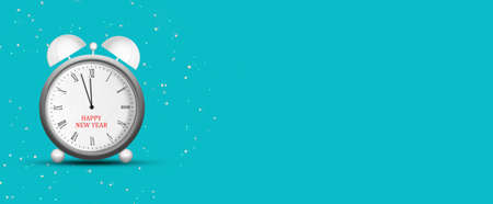 New Year banner. Alarm clock with arrows at 12 o'clock, on a blue background. Copy space. Place for...