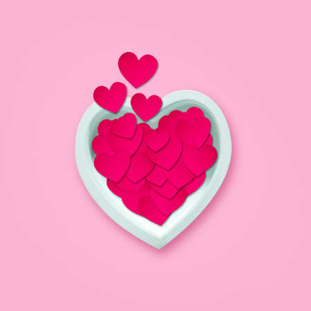 Paper hearts fly out of a ceramic heart on a pink background. Isolated.Valentine's day background....