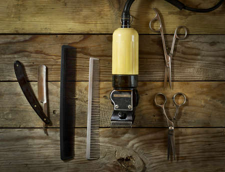 Vintage set of Barber. On the old wooden backgroundの写真素材