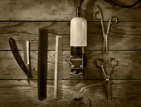Vintage set of Barbershop.Toning sepia On the old wooden backgroundの写真素材