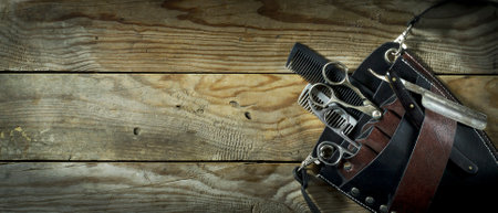 Vintage set of Barber. On the old wooden background
