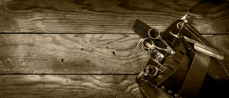 Vintage set of Barbershop.Toning sepia On the old wooden backgroundの写真素材
