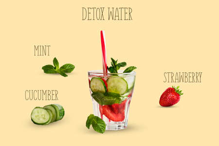 Detox water with cucumber mint strawberry on a yellow background. The concept of a healthy diet. Healthy lifestyle background.の写真素材