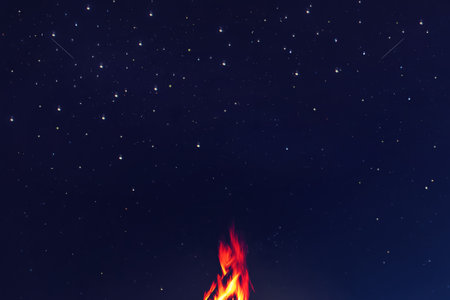 Campfire flame against the background of the starry sky. Copy space. Camping. Picnic. Tourism. Summer rest. Background.の写真素材