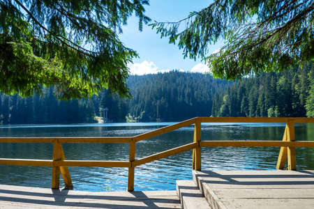 Observation deck of a beautiful mountain lake. Lake Synevyr. Ukraine. Carpathians. Natural nature. Travels.の写真素材