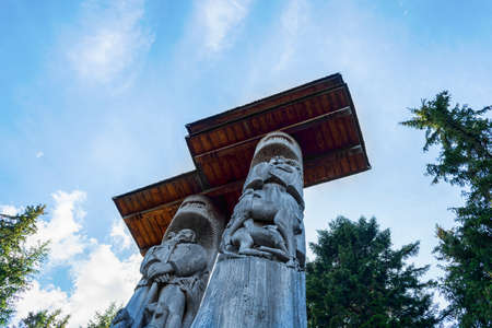 Beautiful wooden figures. Lake Synevyr. Ukraine. Carpathians Architecture Travelsの写真素材