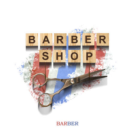 Inscription on wooden blocks and scissors, on a vintage background. Colors for hairdressers. Isolated on a white background. Beauty and fashion background for design. Background. Element for design. Beauty and fashion.の写真素材