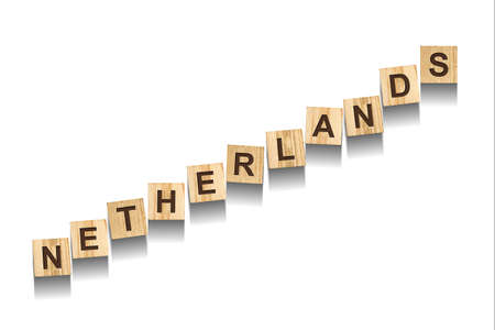Netherlands, word on wooden blocks. Isolated on a white background. Signs and Symbols.の写真素材
