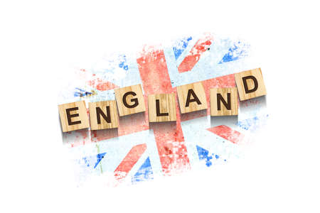 England. The inscription on wooden blocks, against the background of the flag of England. Isolated on a white background. Design element.の写真素材