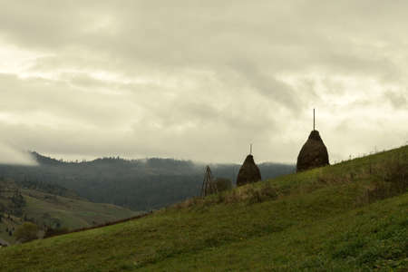 Haystack in a meadow among the mountains. Agriculture. Landscape.の写真素材