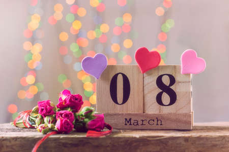 March 8, wooden calendar, happy women's day. Greeting cardの写真素材