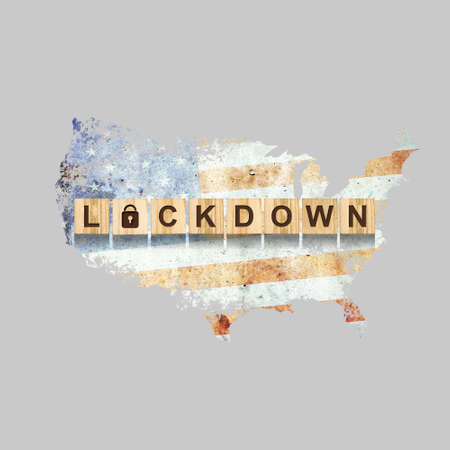 Lockdown. America. The inscription on wooden blocks, against the background of the map of America. Closing the country to quarantine. Isolated. Pandemic.の写真素材